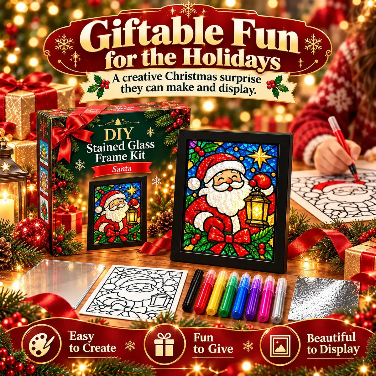 🎄Beginner-Friendly Christmas Stained Glass-Style Frame Kit | 8 Festive Designs with Pens, Foil & Frame ✨