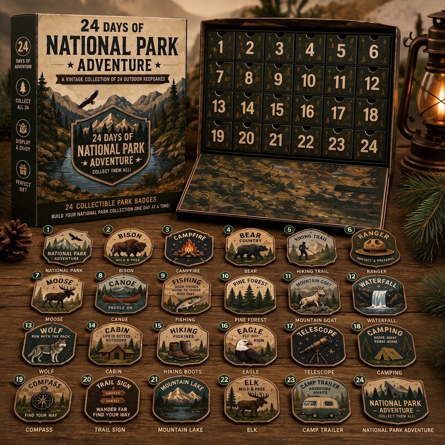National Park Adventure Advent Calendar 🦅 24 Vintage Collectible Badges Christmas Countdown Gift for Outdoor Lovers