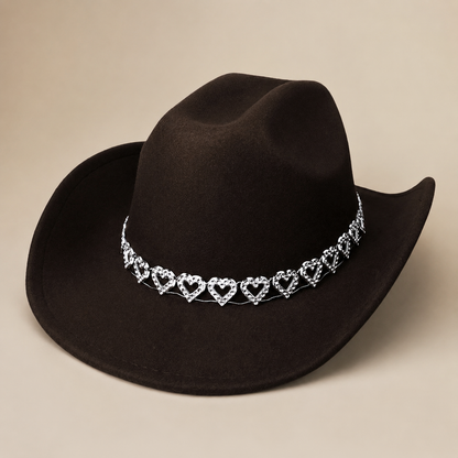 Women's Classic Wide Brim Western Cowboy Hat with Heart Chain