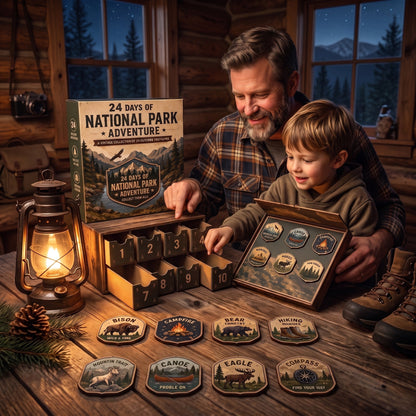National Park Adventure Advent Calendar 🦅 24 Vintage Collectible Badges Christmas Countdown Gift for Outdoor Lovers