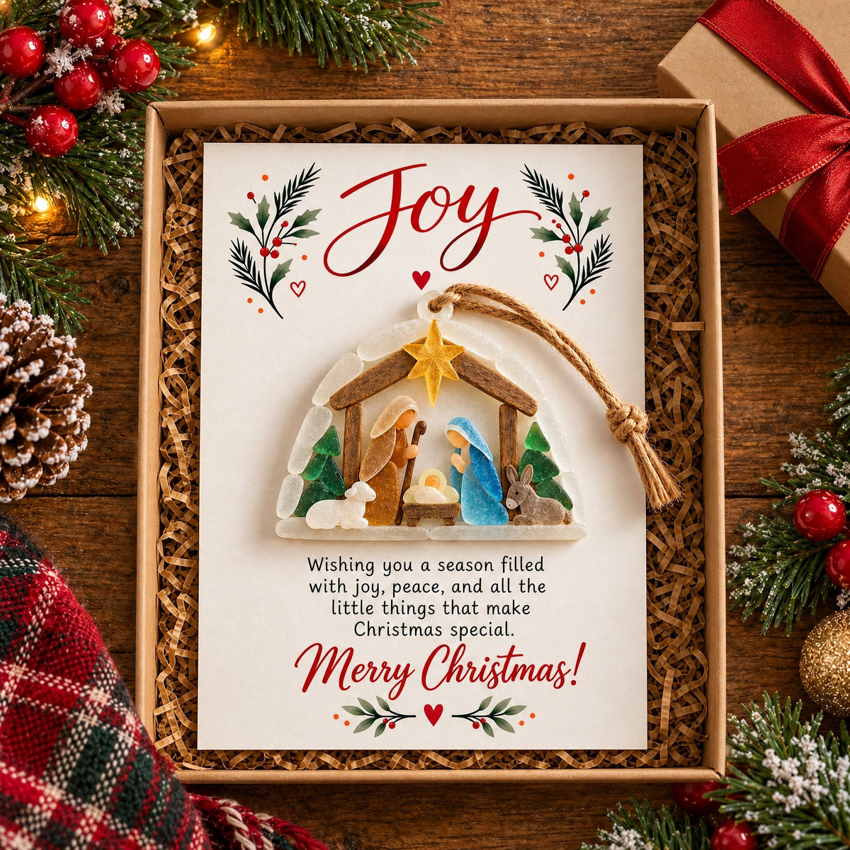 Joy Nativity Sea Glass Christmas Ornament with Greeting Card