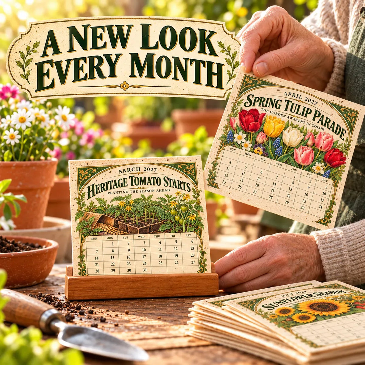🌱 2027 Heirloom Garden Plantable Seed Calendar | 12 Plantable Months with Vintage Botanical Art & Wooden Stand 🌼