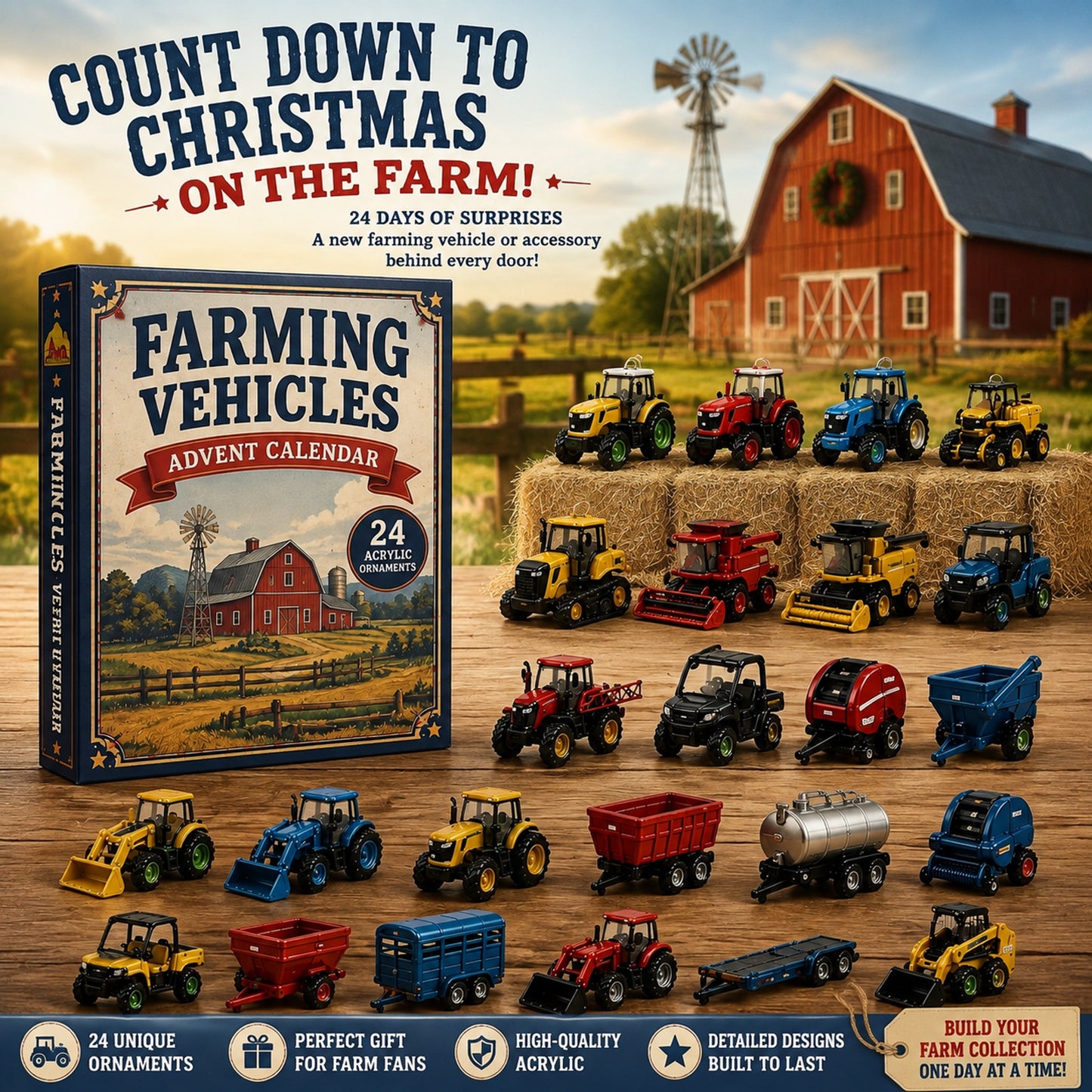 Farming Vehicles World Advent Calendar 2026 - 24-Day Festive Countdown, Acrylic Charms Blind Box