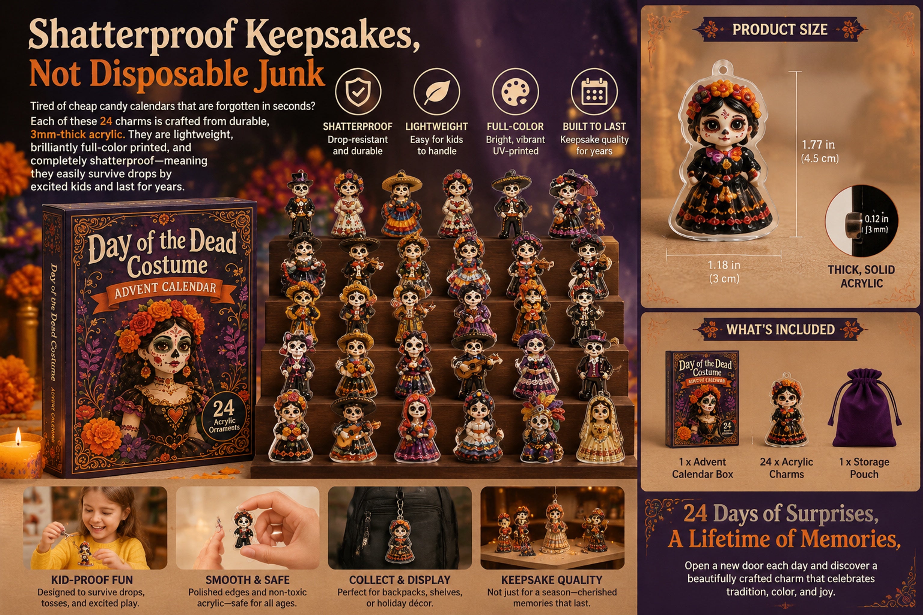 Open advent calendar with detailed acrylic characters