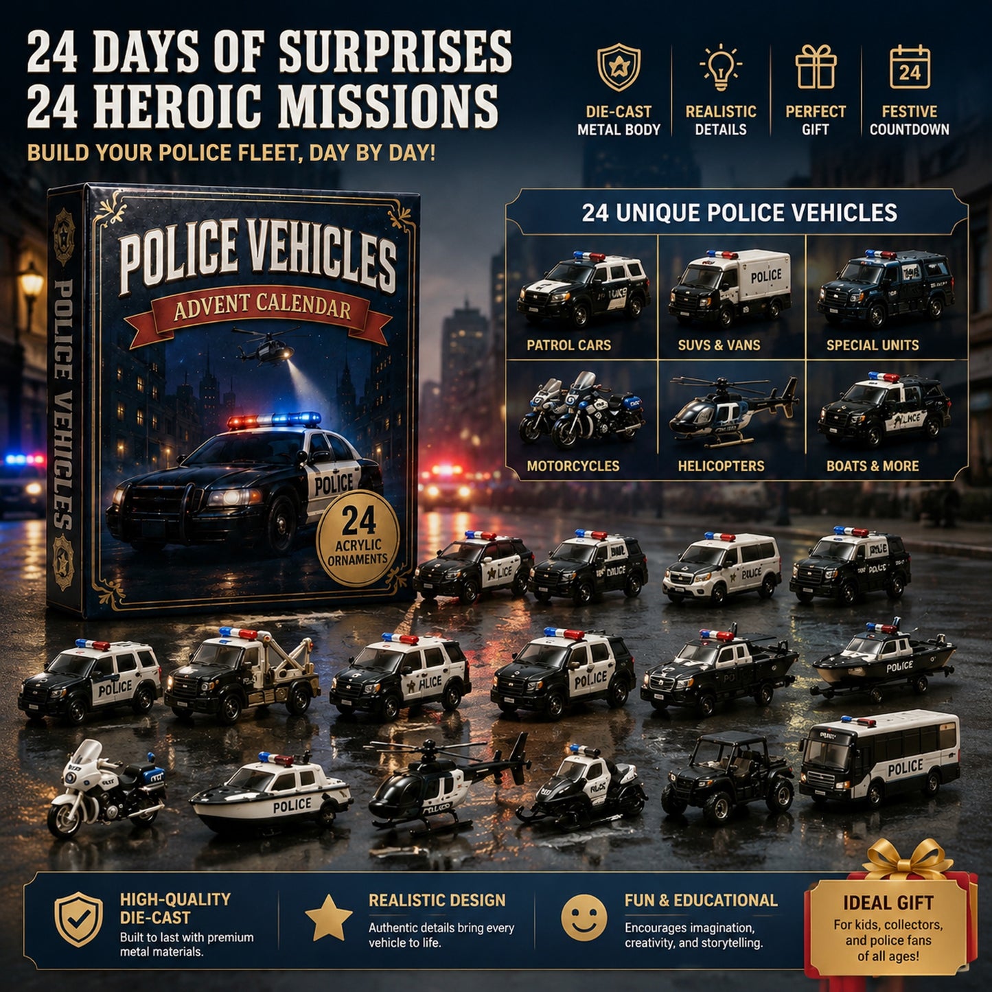 Police Vehicles Fleet Advent Calendar 2026 - 24-Day Festive Countdown, Acrylic Charms Blind Box