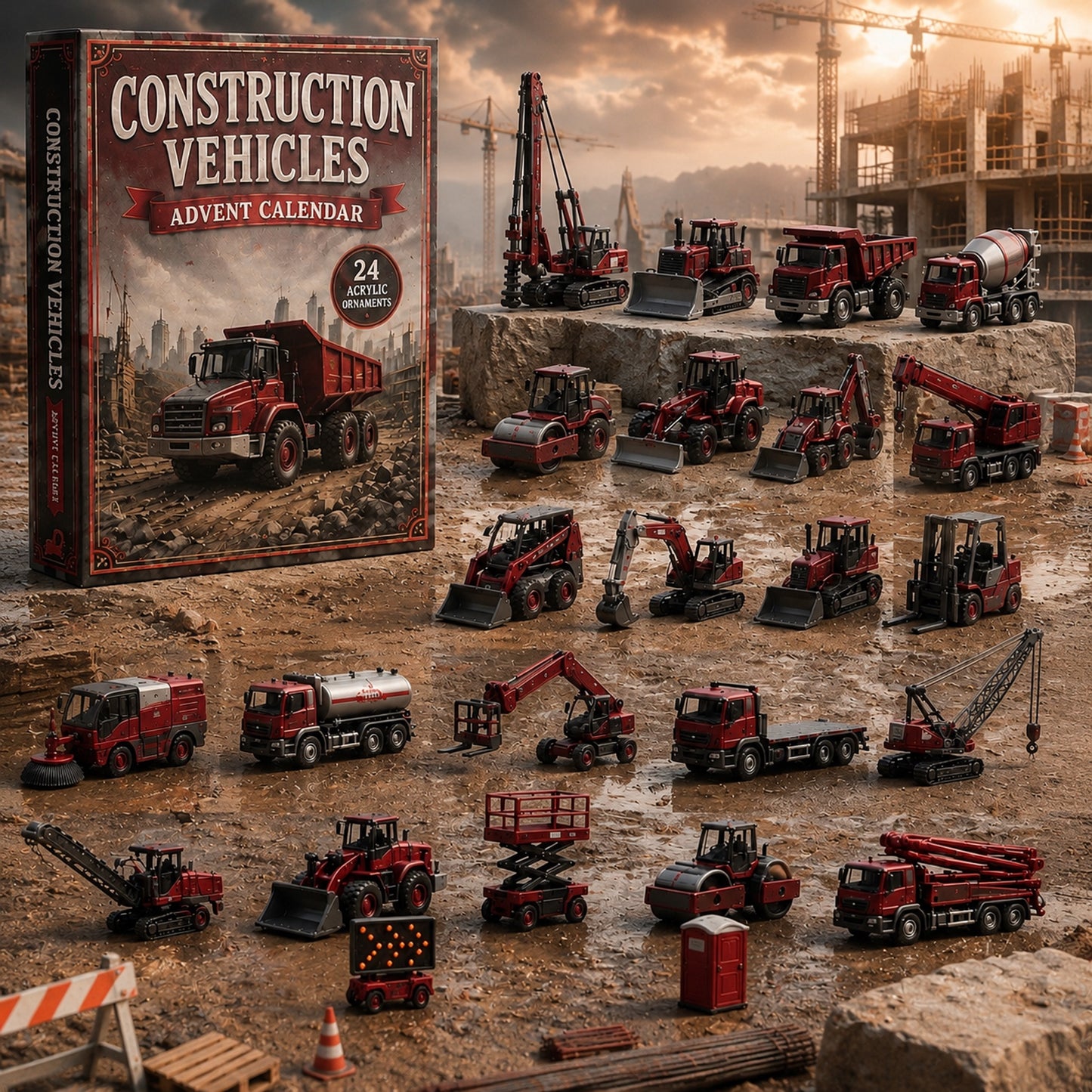 Construction Vehicles Fleet Advent Calendar 2026 - 24-Day Festive Countdown, Acrylic Charms Blind Box