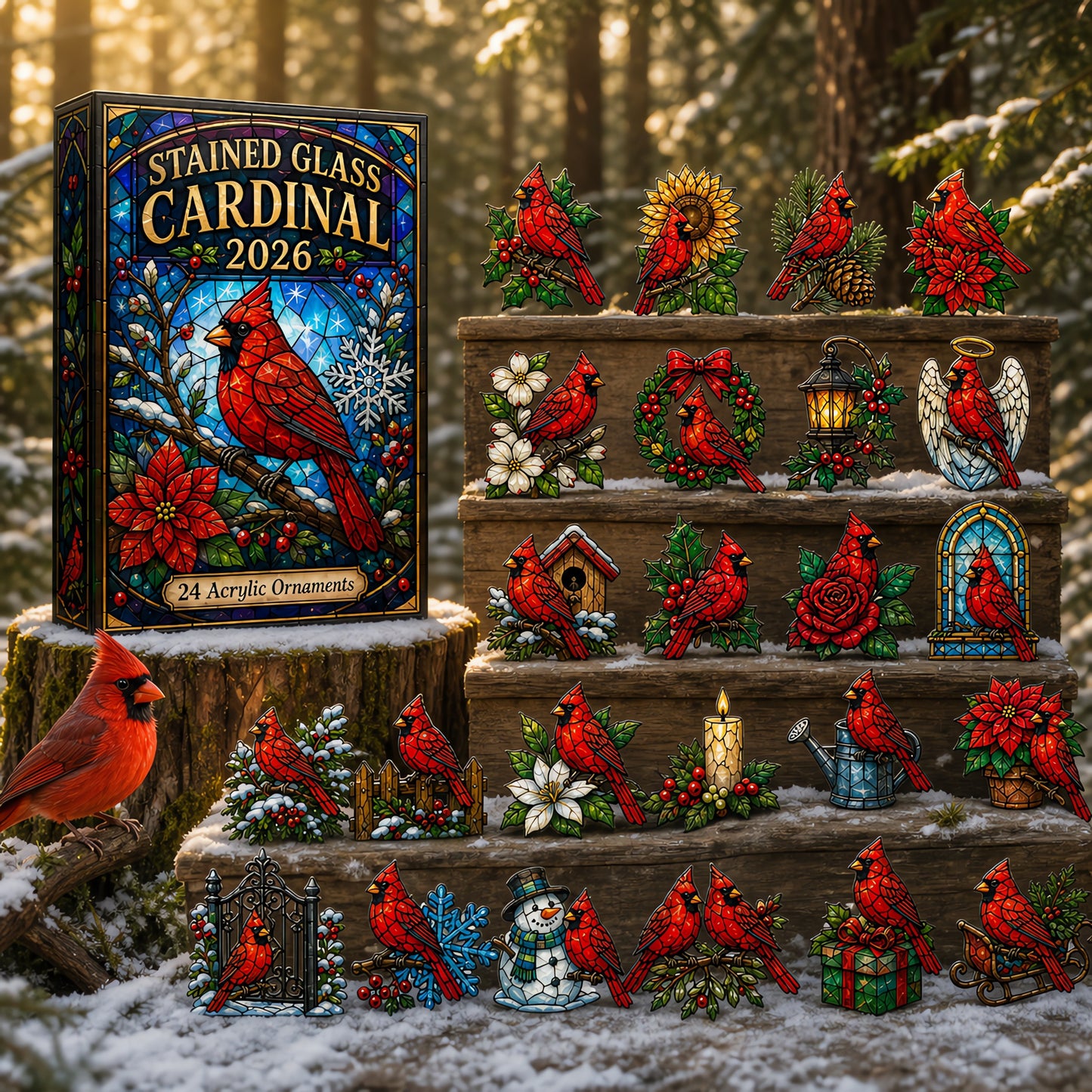 Stained Glass Cardinal Advent Calendar 2026 - 24-Day Festive Countdown, Acrylic Charms Blind Box - Gift For Cardinal Lovers, Family & Friends AC0HT437