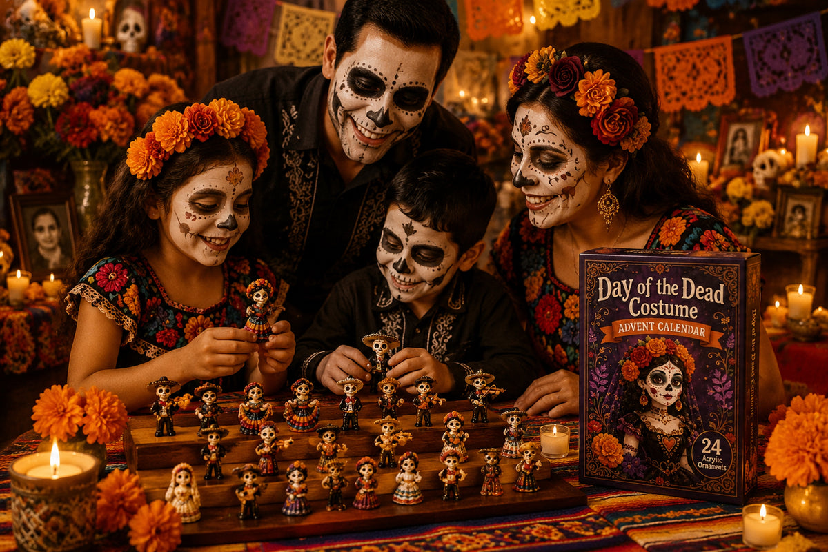 Family enjoying Day of the Dead character countdown calendar