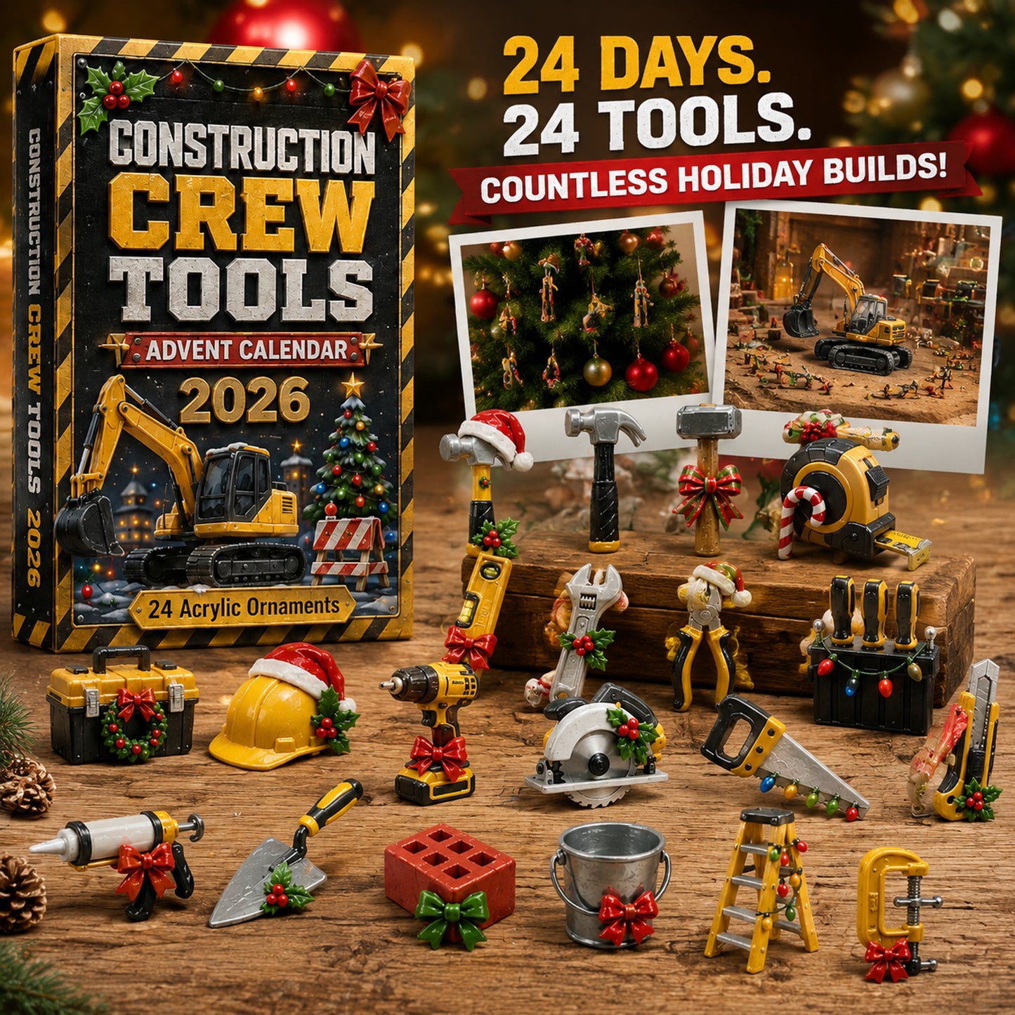 Construction Crew Tools Advent Calendar 2026 - 24-Day Festive Countdown, Acrylic Charms Blind Box - Gift For Construction Workers AC0HT477