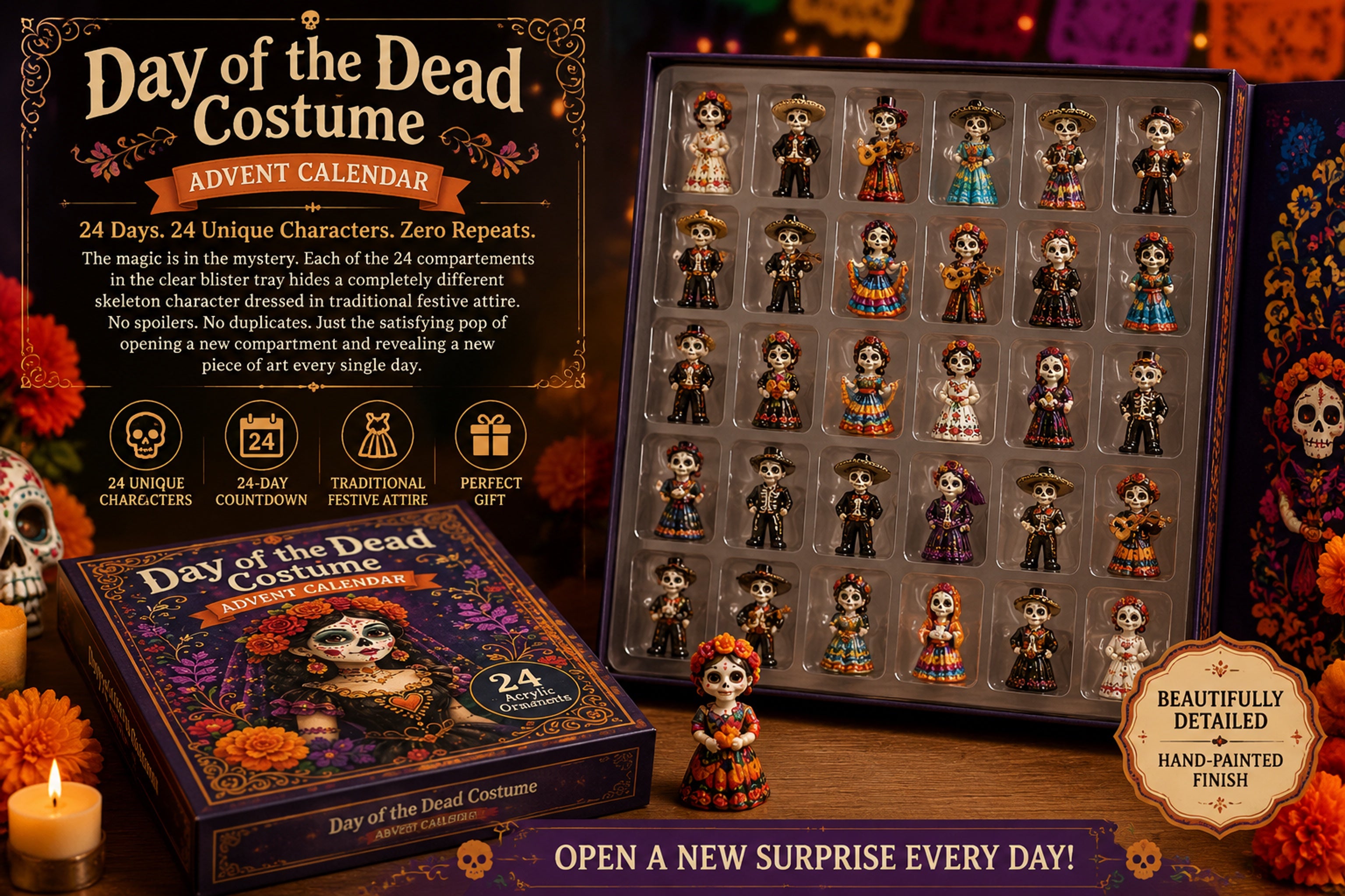 Day of the Dead charms displayed as festive ornaments
