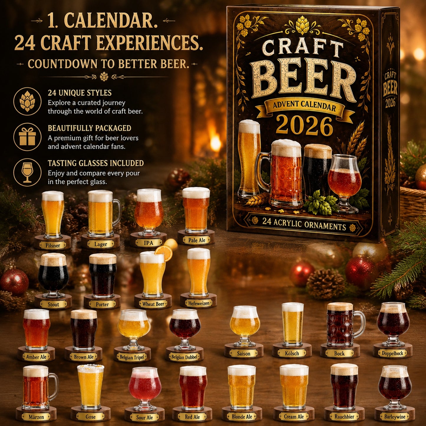 Craft Beer Advent Calendar 2026 - 24-Day Festive Countdown, Acrylic Charms Blind Box