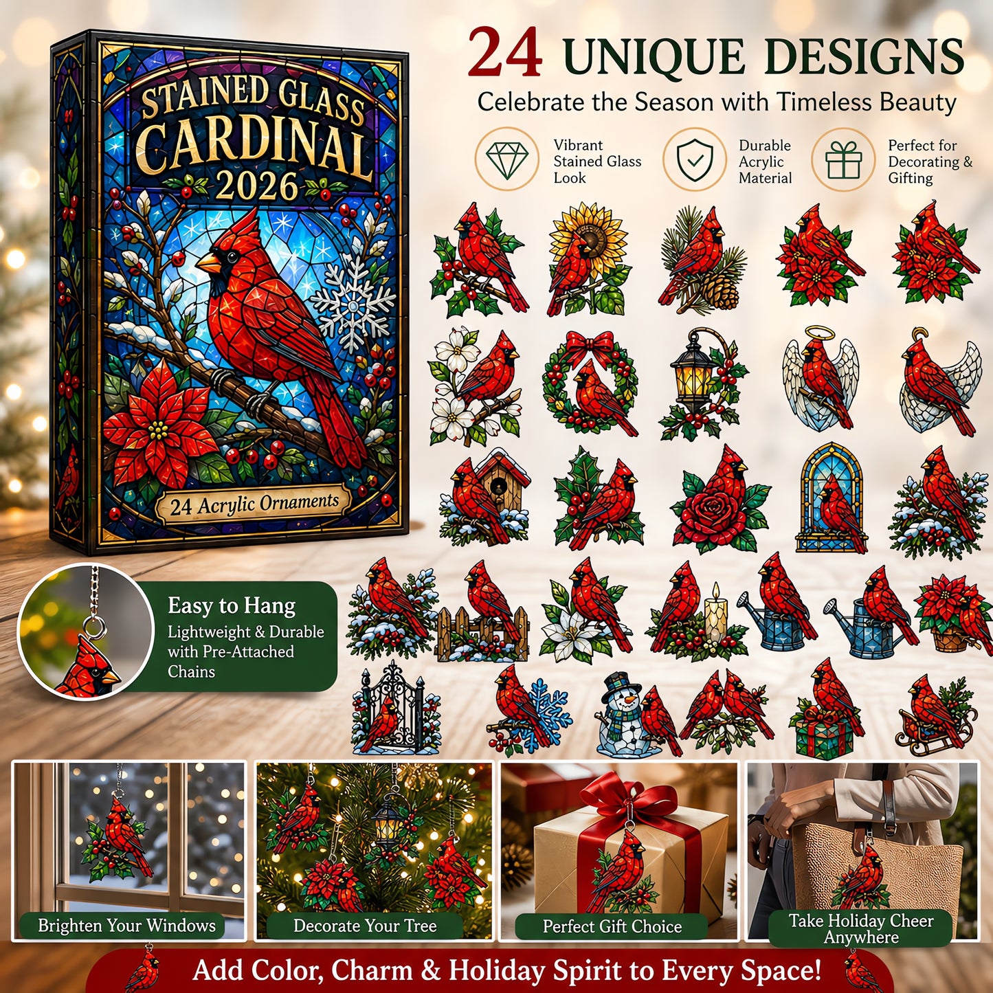 Stained Glass Cardinal Advent Calendar 2026 - 24-Day Festive Countdown, Acrylic Charms Blind Box - Gift For Cardinal Lovers, Family & Friends AC0HT437