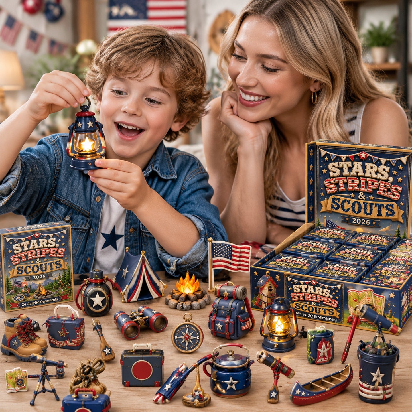Stars Stripes Camping  Advent Calendar 2026 - 24-Day Festive Countdown, Acrylic Charms Blind Box