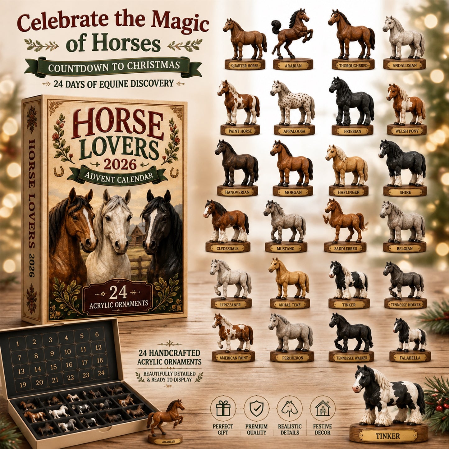 Horse Lovers Advent Calendar 2026 - 24-Day Festive Countdown, Acrylic Charms Blind Box