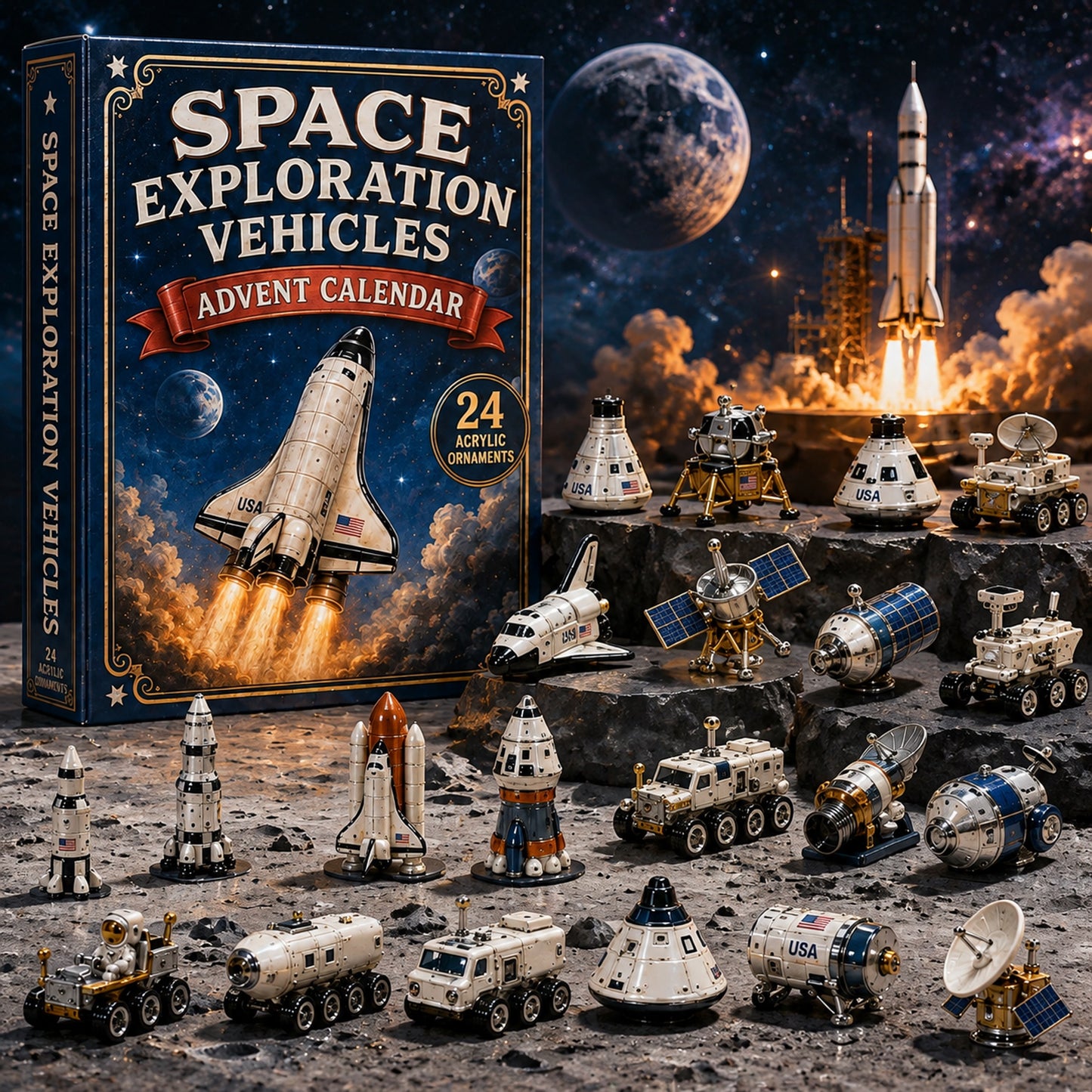 Space Exploration Vehicles Advent Calendar 2026 - 24-Day Festive Countdown, Acrylic Charms Blind Box