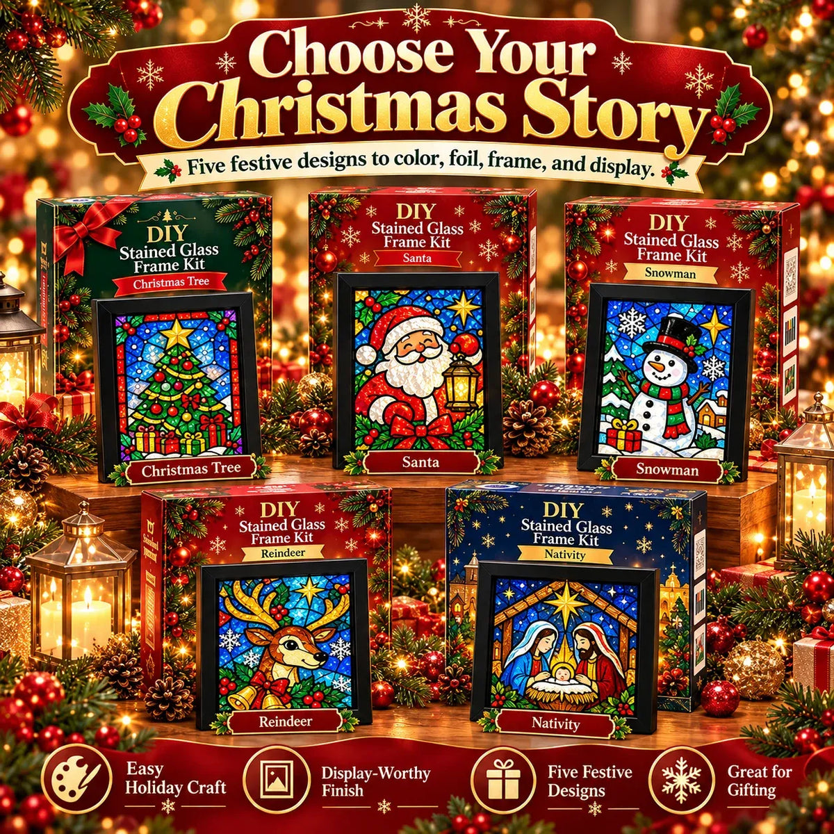 🎄Beginner-Friendly Christmas Stained Glass-Style Frame Kit | 8 Festive Designs with Pens, Foil & Frame ✨