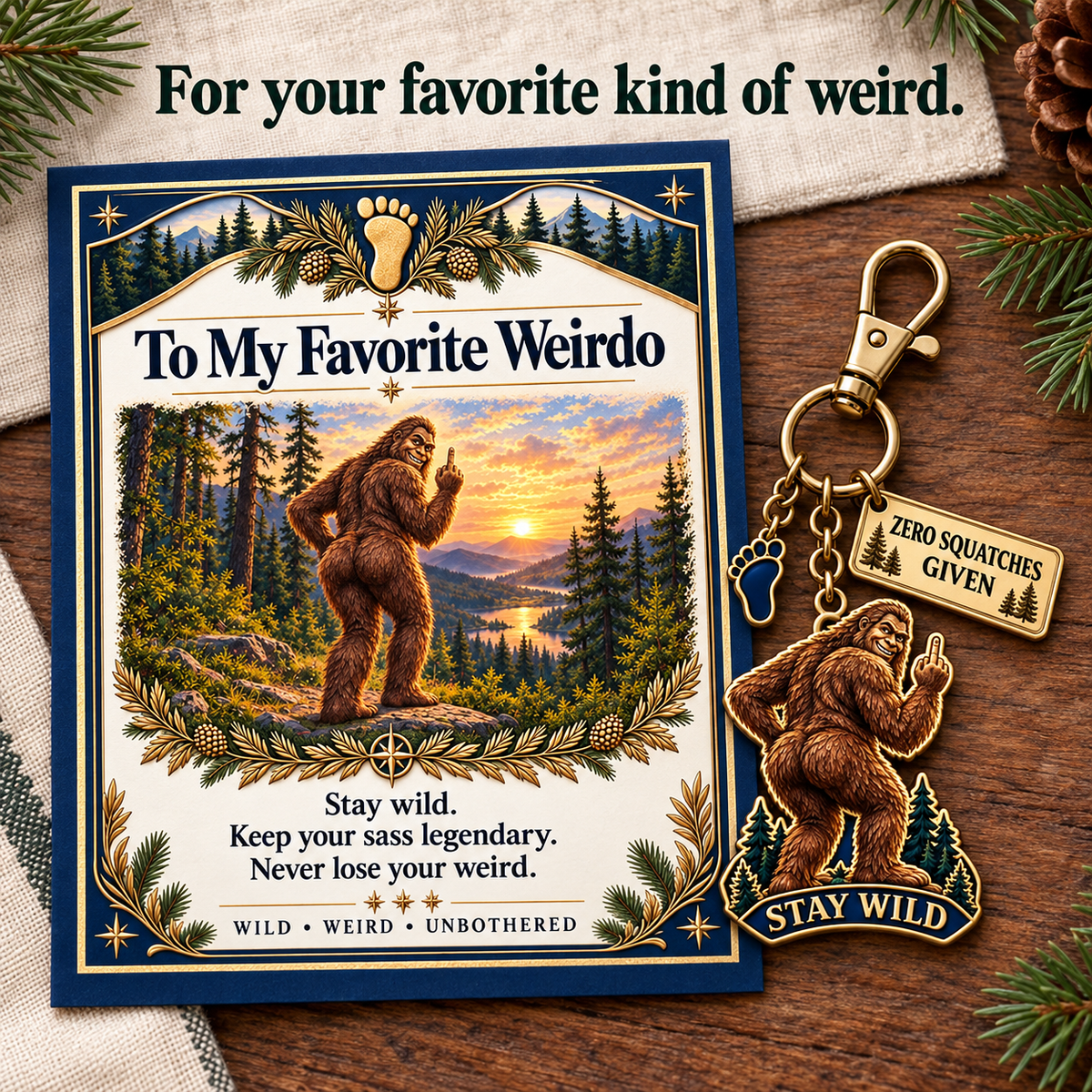 🔥Last Day 50% OFF "To My Favorite Weirdo" Funny Bigfoot Keychain & Gift Card Set 🌲🍑 - Sassy Gag Gift for Best Friends