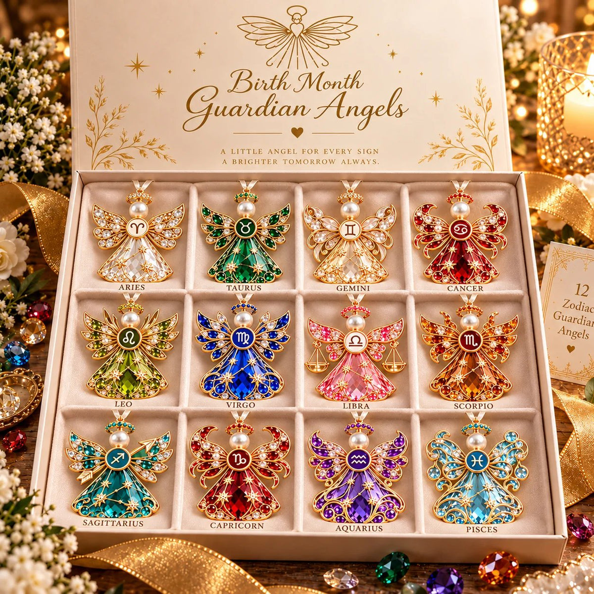 👼 Christmas Zodiac Guardian Angel Keepsake | 12 Signs with Jewel-Toned Designs & Meaningful Gift Cards ✨
