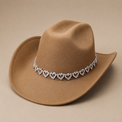 Women's Classic Wide Brim Western Cowboy Hat with Heart Chain