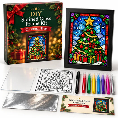 🎄Beginner-Friendly Christmas Stained Glass-Style Frame Kit | 8 Festive Designs with Pens, Foil & Frame ✨