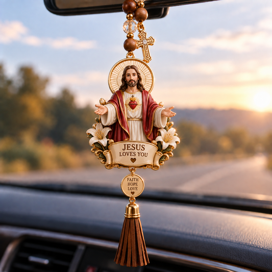 🚗✝️ Christian Car Rearview Mirror Charm – Faith Hope Love Drive Safe Ornament
