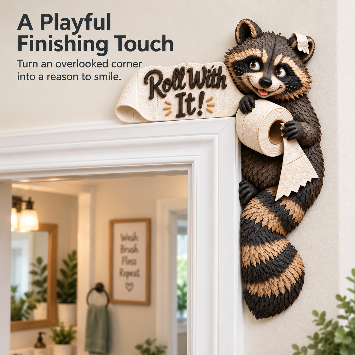 “Roll With It” Raccoon Door Frame Corner Decor
