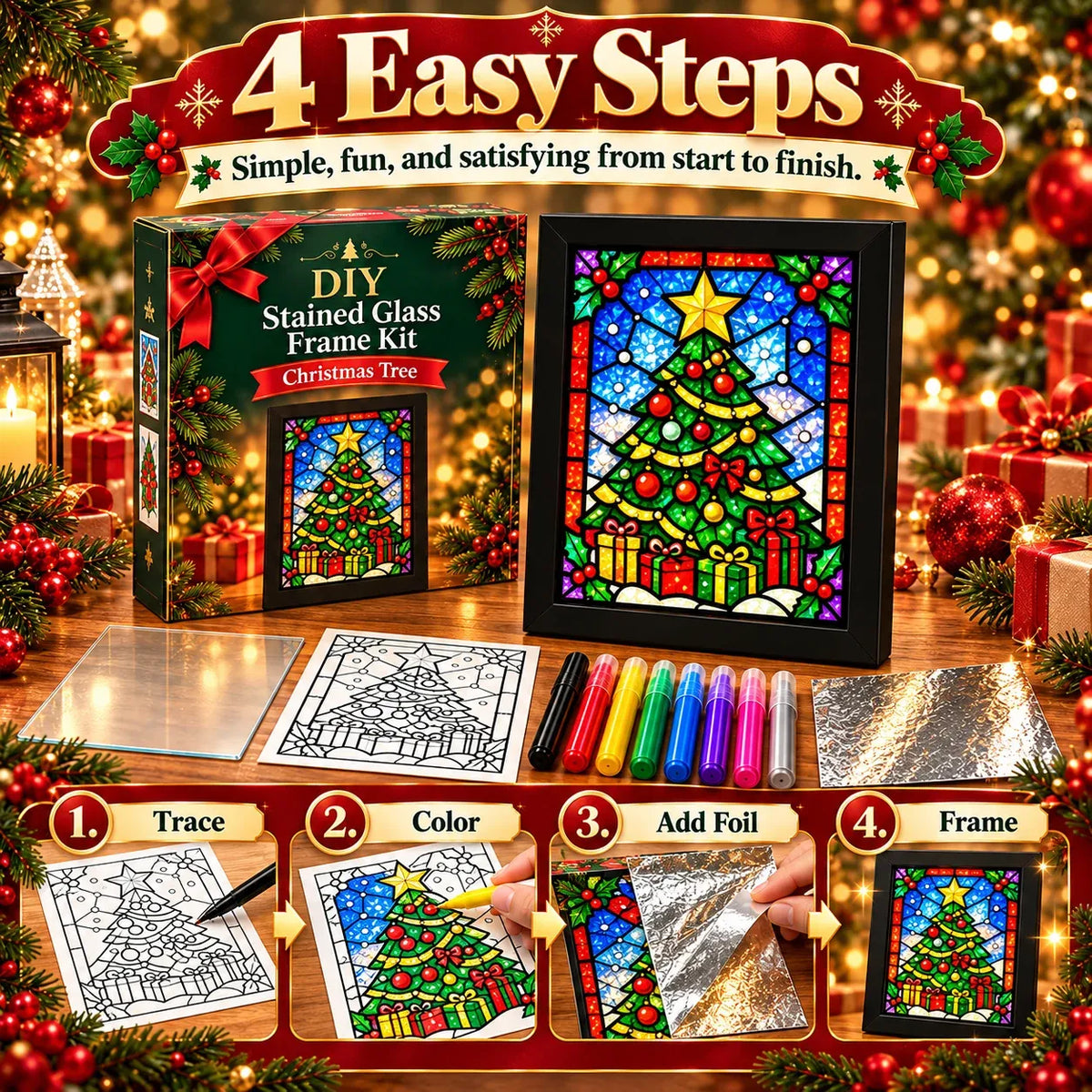 🎄Beginner-Friendly Christmas Stained Glass-Style Frame Kit | 8 Festive Designs with Pens, Foil & Frame ✨