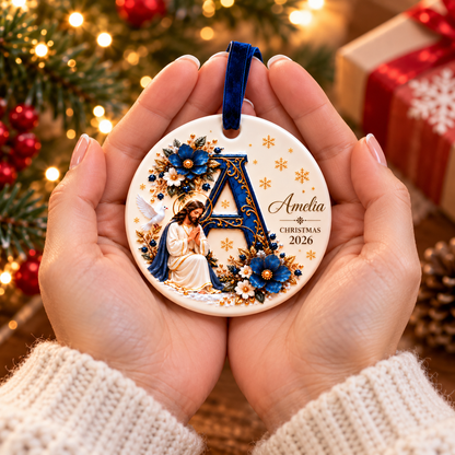 ✝️ Personalized Christian Initial Christmas Ornament – Custom Name Ceramic Keepsake 💙