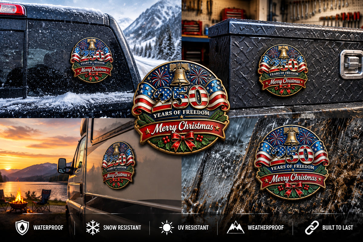 Christmas and America 250th Anniversary commemorative emblem displayed in a vehicle and workshop-inspired setting