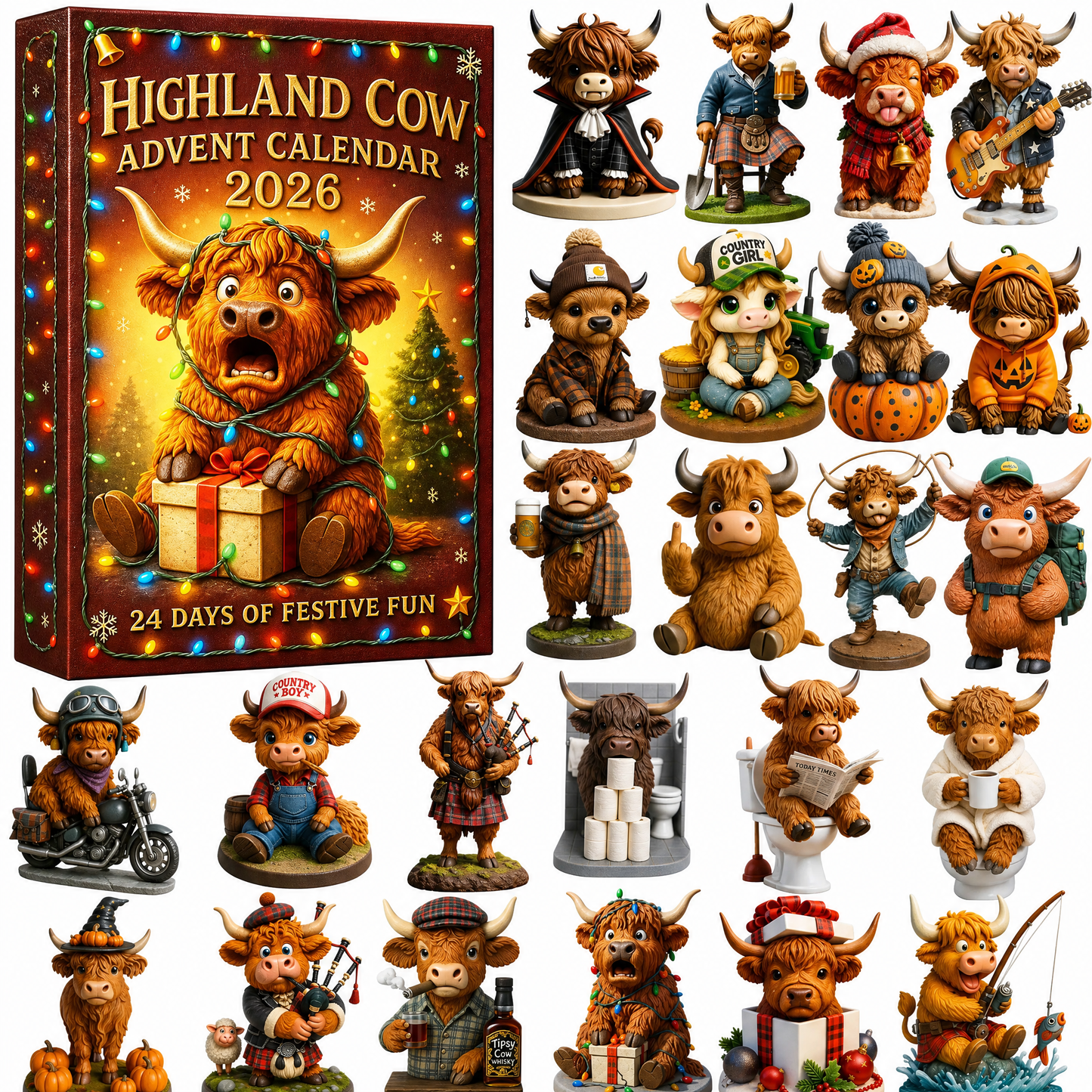 🐮Highland Cow Adventskalender 2026🎄 - handgefertigte Highland Cow Puppe (24 Stück)