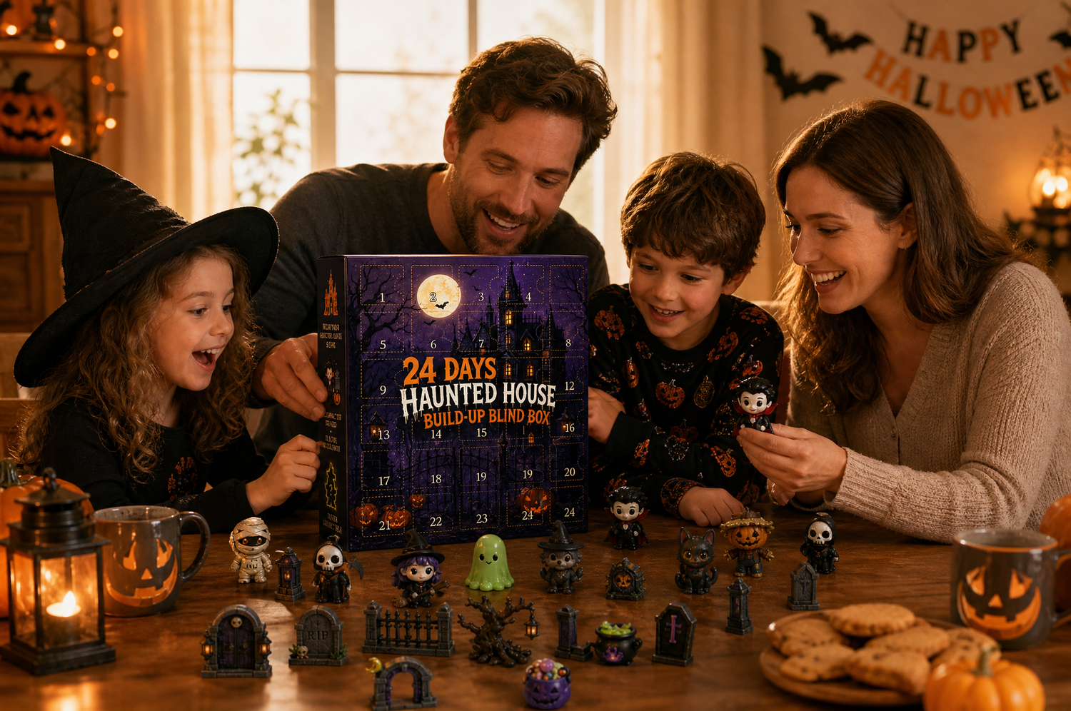 Family Halloween countdown ritual with haunted house display
