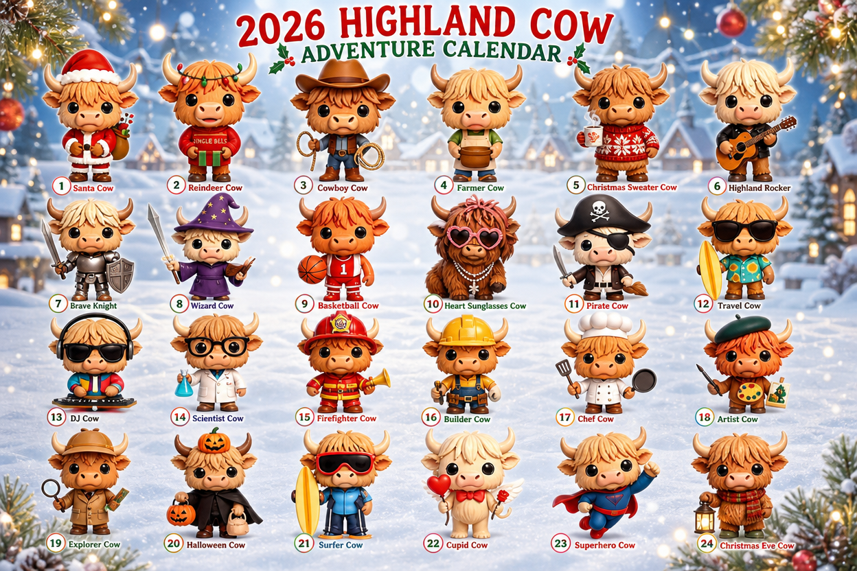 24 different Highland Cow advent calendar collectible characters