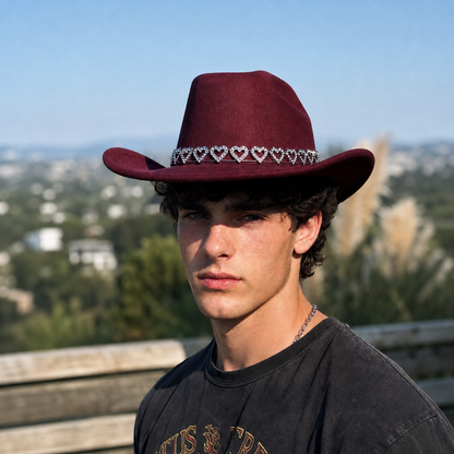 Women's Classic Wide Brim Western Cowboy Hat with Heart Chain