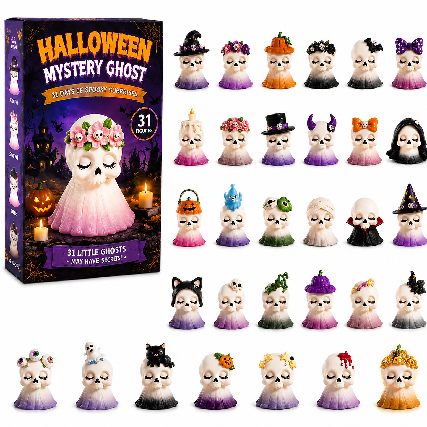 💀 31-Day Halloween Mystery Ghost Advent Calendar | Collectible Skull Figurine Set