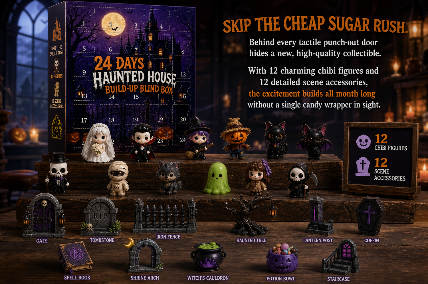 Halloween countdown box with character figures and scene accessories