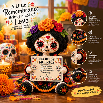 Handcrafted Día de los Muertos Crochet Doll – Sugar Skull Catrina Figurine with Floral Dress & Memorial Sign