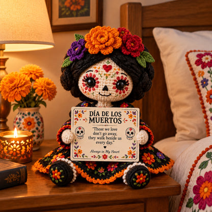 Handcrafted Día de los Muertos Crochet Doll – Sugar Skull Catrina Figurine with Floral Dress & Memorial Sign