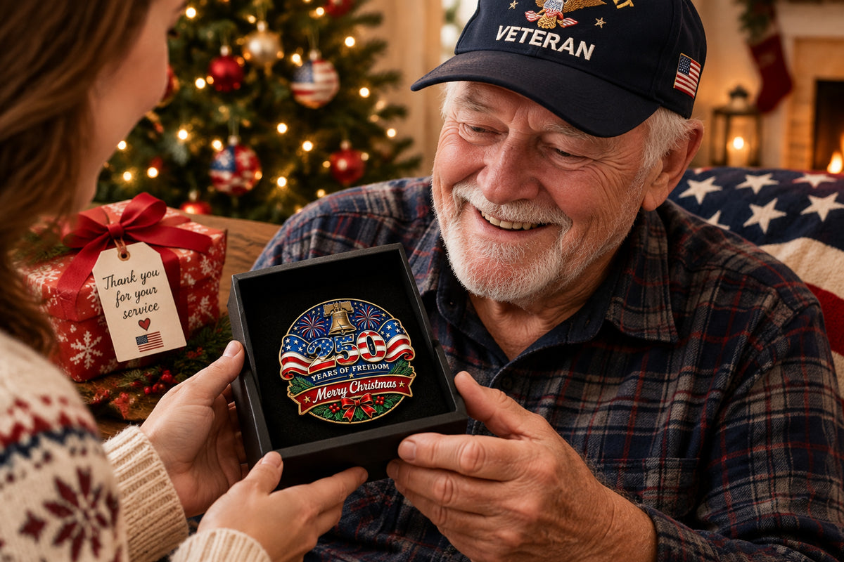 Christmas and America 250th Anniversary commemorative emblem presented as a meaningful holiday gift