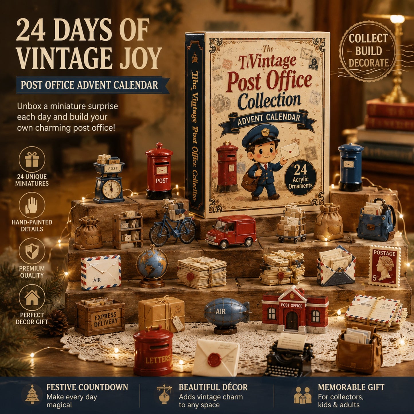 Vintage Post Office Advent Calendar 2026 - 24-Day Festive Countdown, Acrylic Charms Blind Box