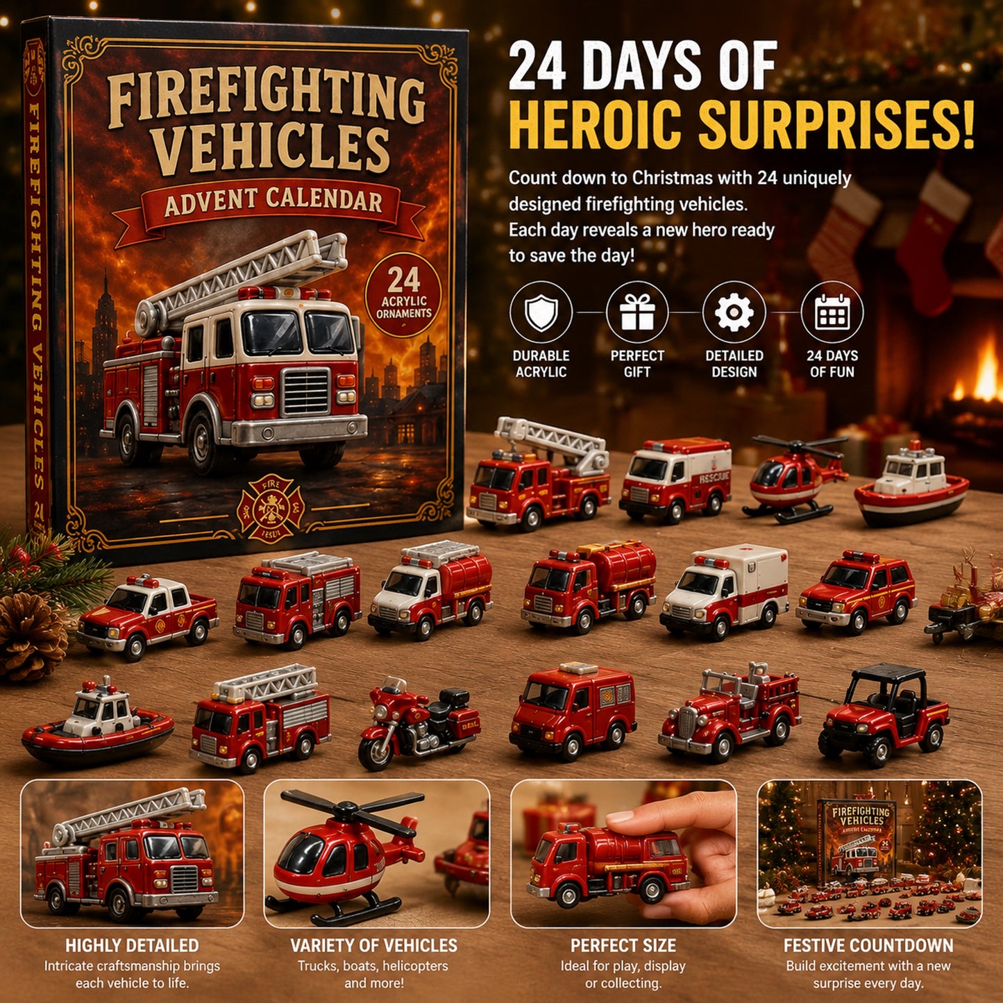 Firefighting Vehicles Advent Calendar 2026 - 24-Day Festive Countdown, Acrylic Charms Blind Box