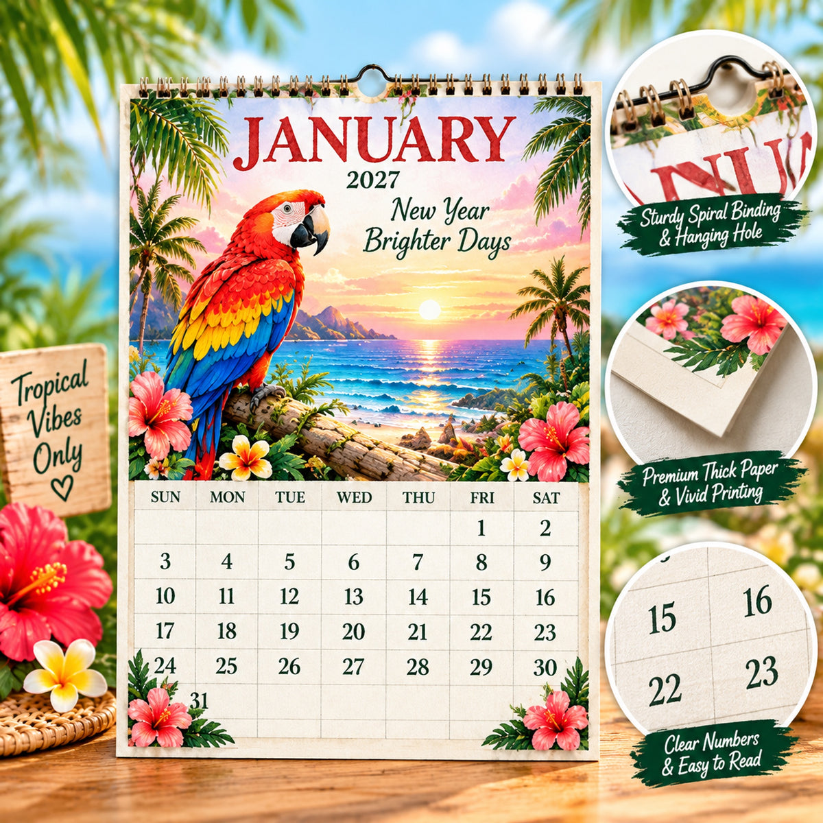 2027 Tropical Macaw Calendar – Colorful 12-Month Wall Calendar