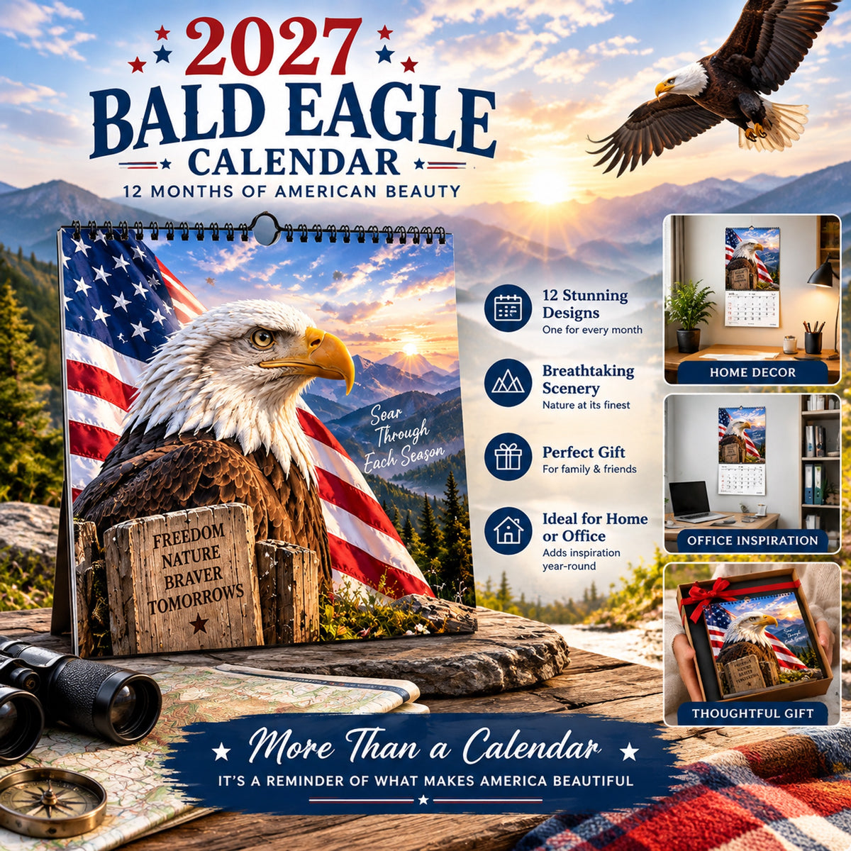 🦅 2027 Bald Eagle Wall Calendar – 12 Months of Freedom & American Beauty