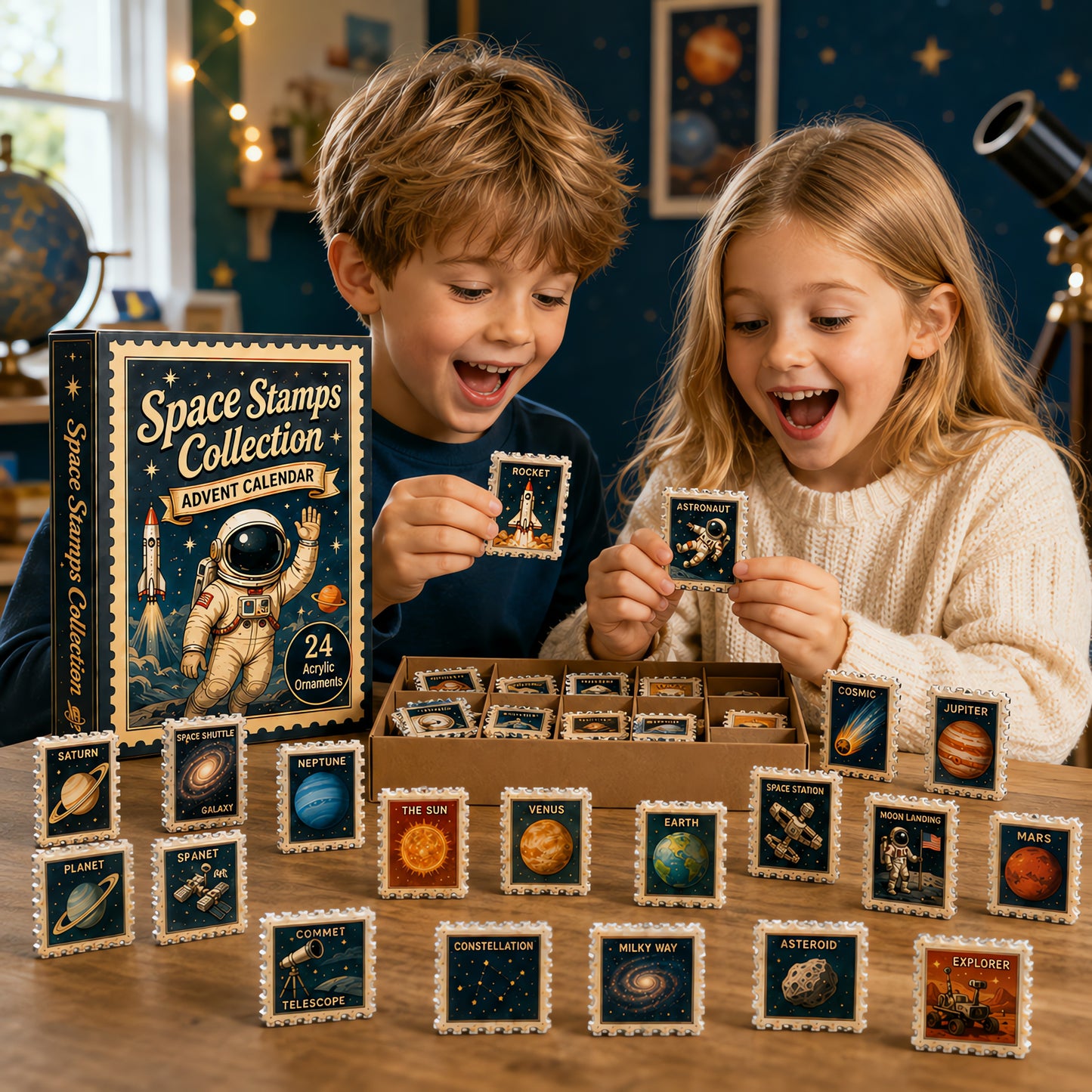 Space Stamps Collection Advent Calendar 2026 - 24-Day Festive Countdown, Acrylic Charms Blind Box
