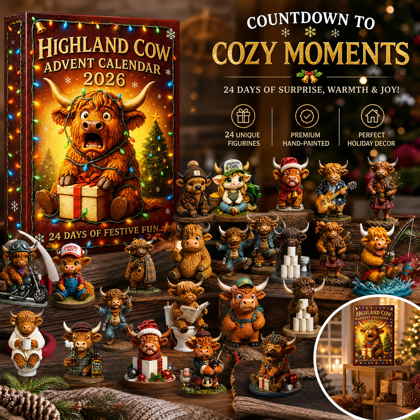 🐮Highland Cow Adventskalender 2026🎄 - handgefertigte Highland Cow Puppe (24 Stück)