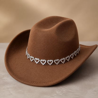 Women's Classic Wide Brim Western Cowboy Hat with Heart Chain