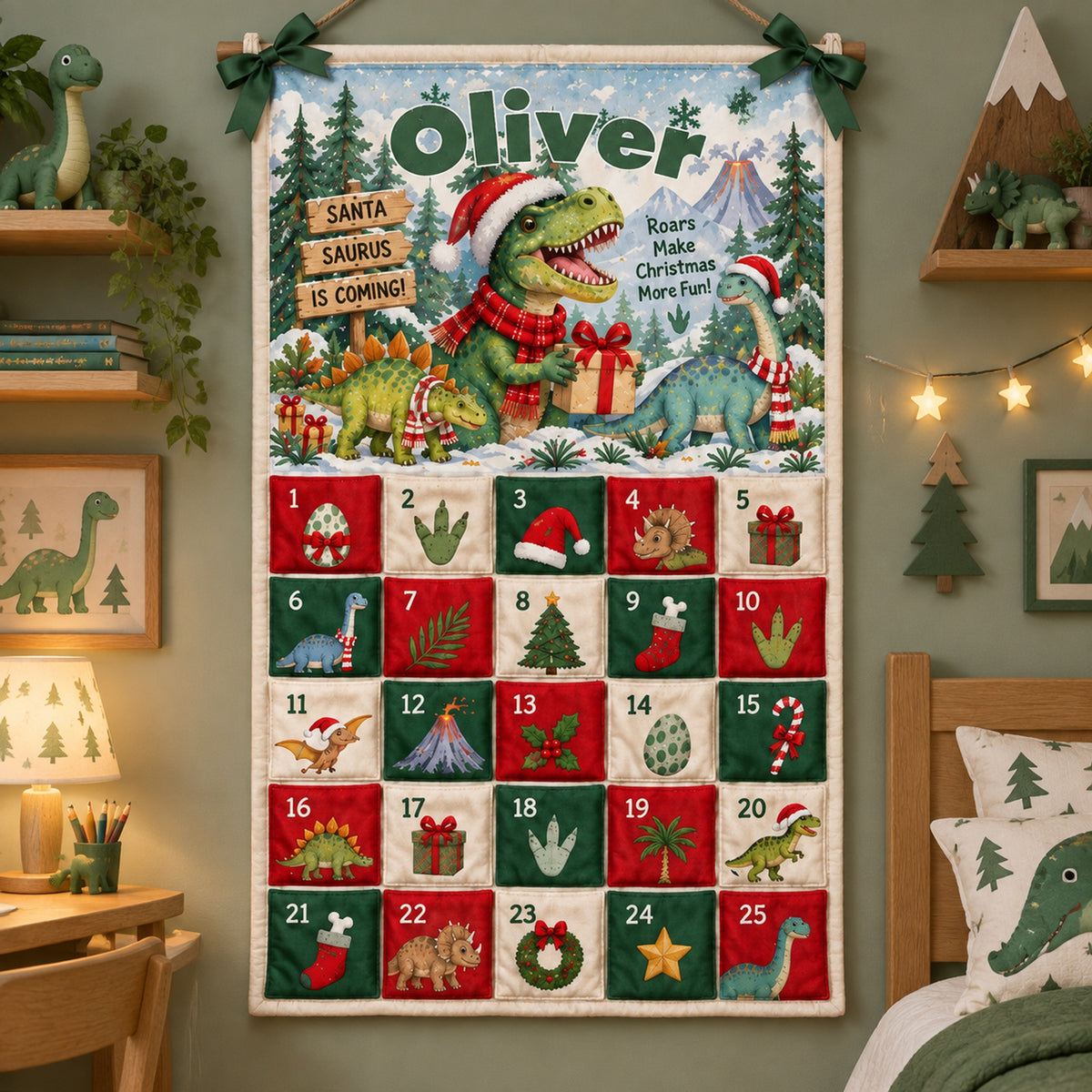 Christmas Dinosaur - Personalized Fabric Advent Calendar - Christmas Gift For Kids, Family Members