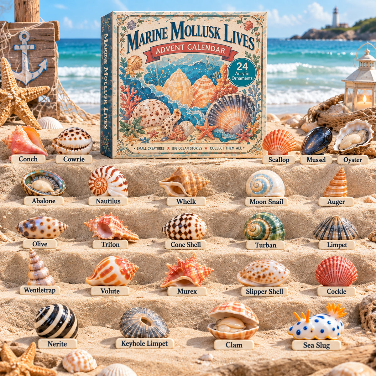 Marine Mollusk Lives Advent Calendar 2026 - 24-Day Festive Countdown, Acrylic Charms Blind Box