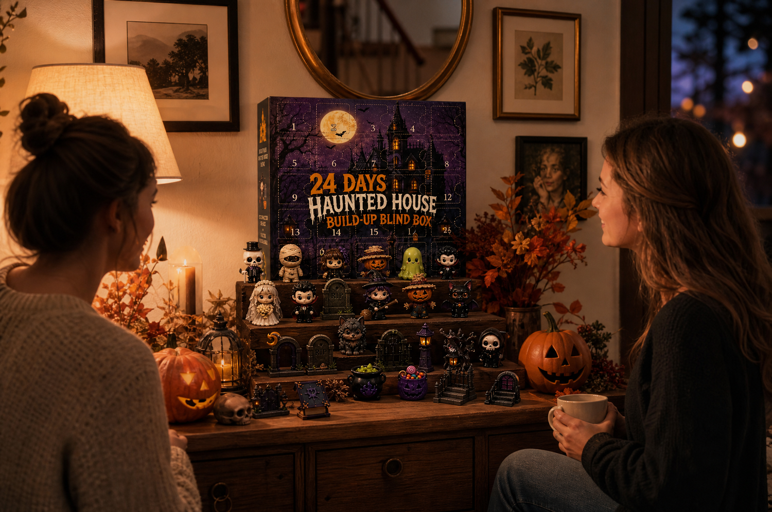Spooky cute miniature haunted house displayed on mantel