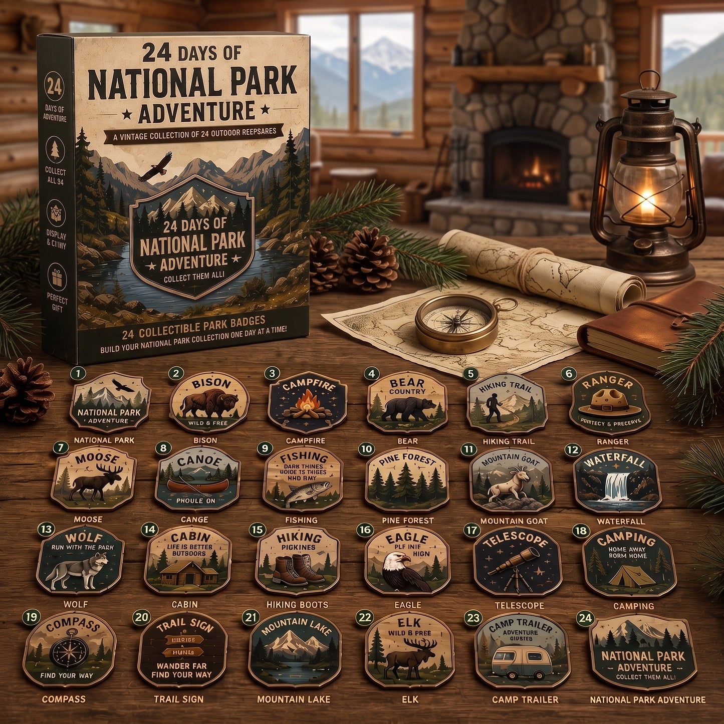 National Park Adventure Advent Calendar 🦅 24 Vintage Collectible Badges Christmas Countdown Gift for Outdoor Lovers