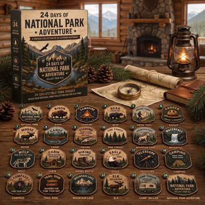 National Park Adventure Advent Calendar 🦅 24 Vintage Collectible Badges Christmas Countdown Gift for Outdoor Lovers